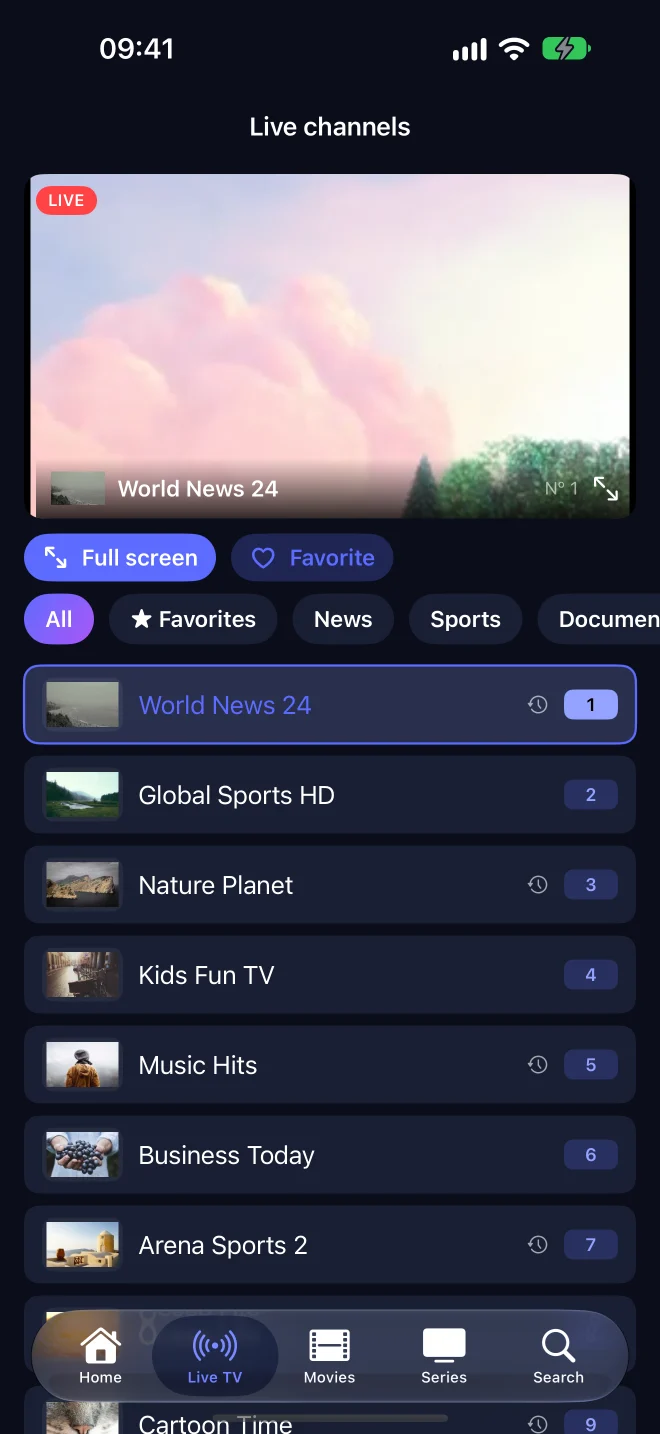 Zeus Media live TV on iPhone